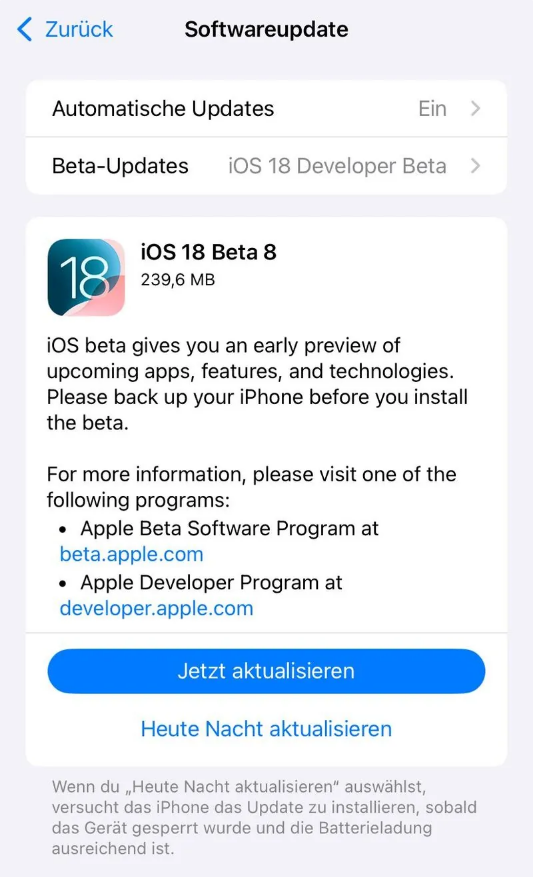 郭河镇苹果手机维修分享苹果 iOS / iPadOS 18 开发者预览版 Beta 8 发布 